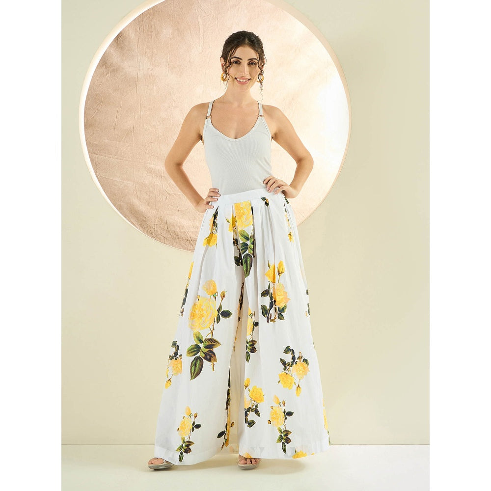 First Resort by Ramola Bachchan White And Yellow Floral Wide Leg Palazzo