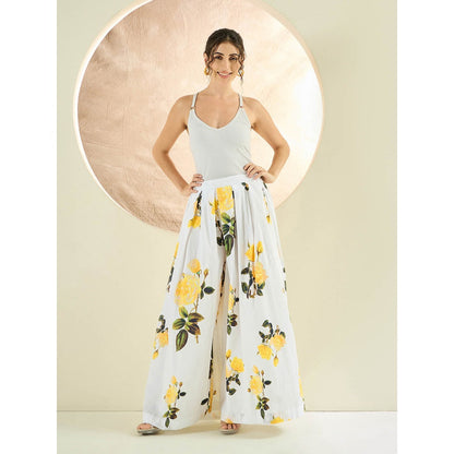 First Resort by Ramola Bachchan White And Yellow Floral Wide Leg Palazzo