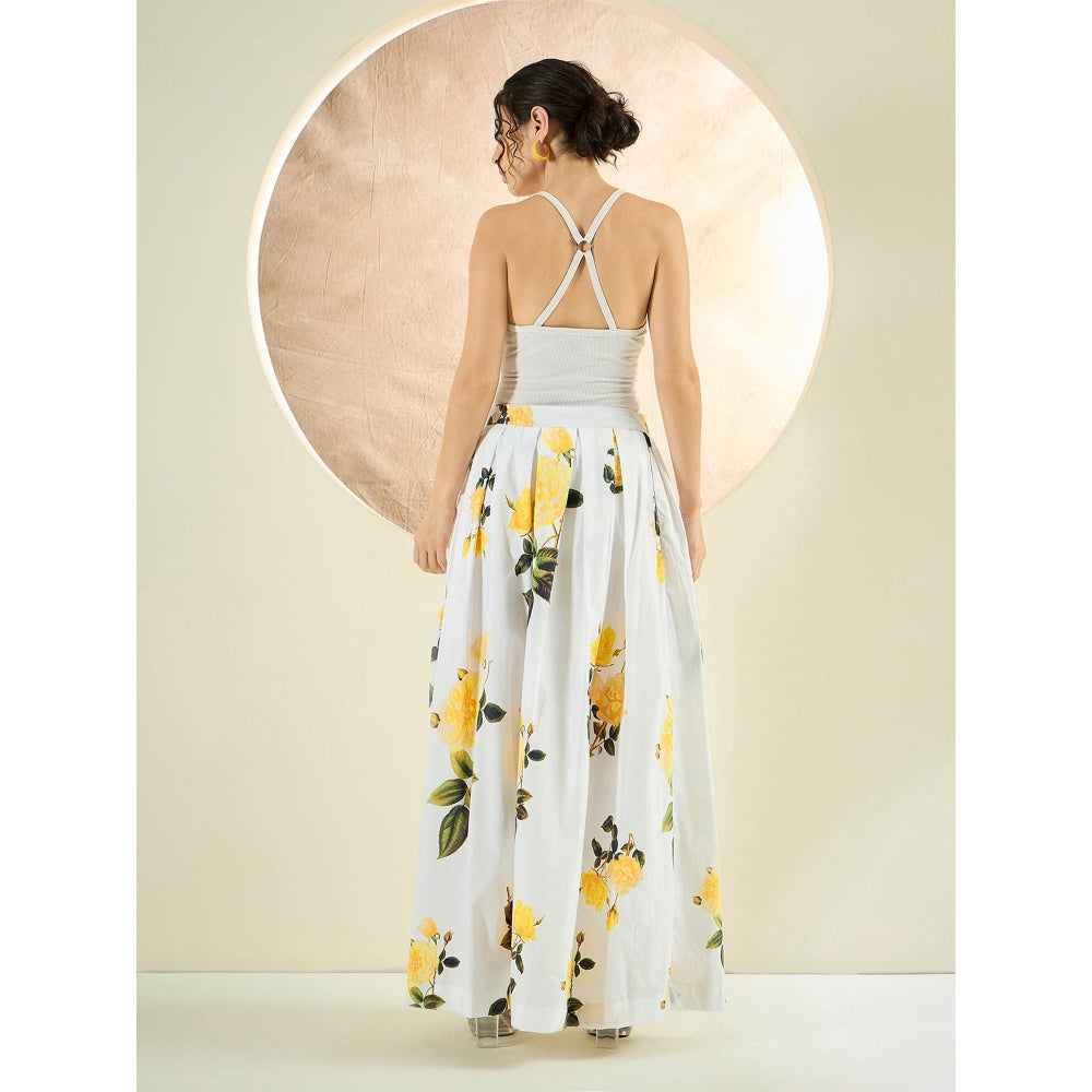 First Resort by Ramola Bachchan White And Yellow Floral Wide Leg Palazzo