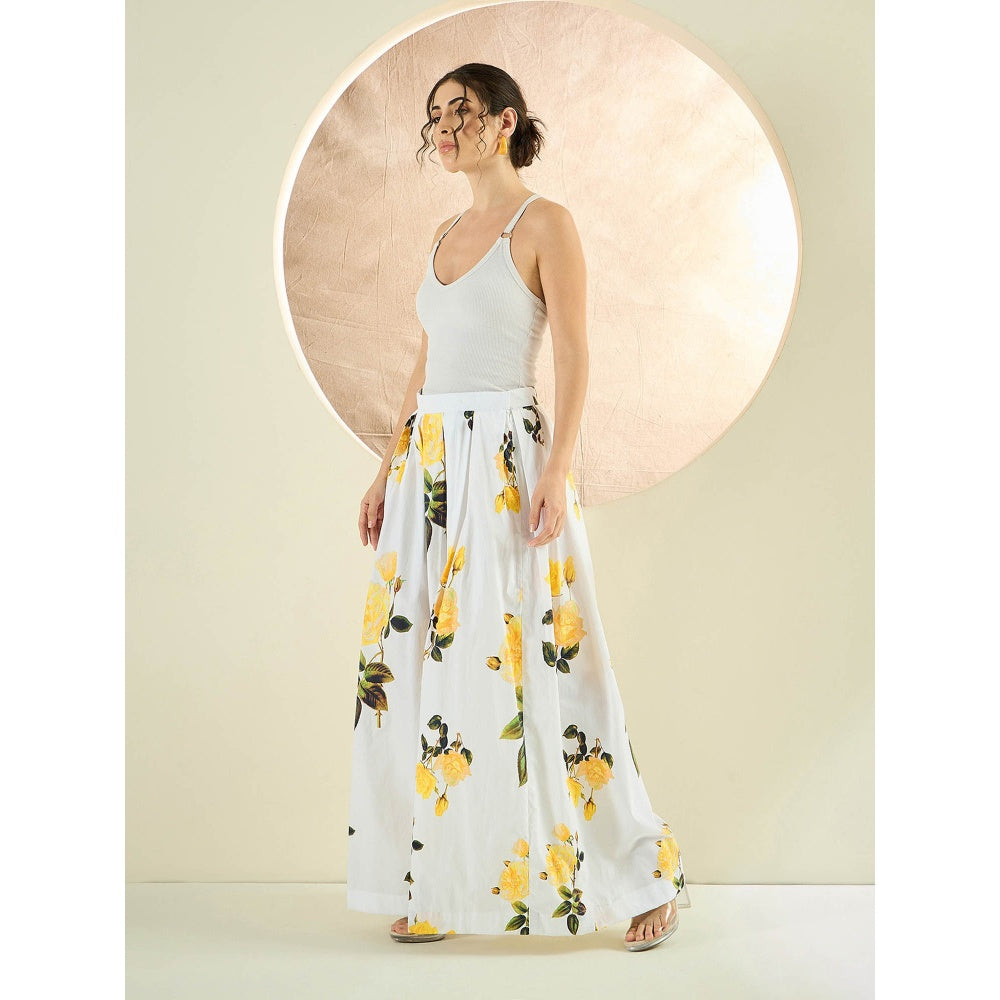 First Resort by Ramola Bachchan White And Yellow Floral Wide Leg Palazzo