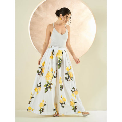 First Resort by Ramola Bachchan White And Yellow Floral Wide Leg Palazzo