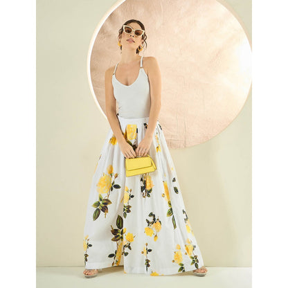 First Resort by Ramola Bachchan White And Yellow Floral Wide Leg Palazzo
