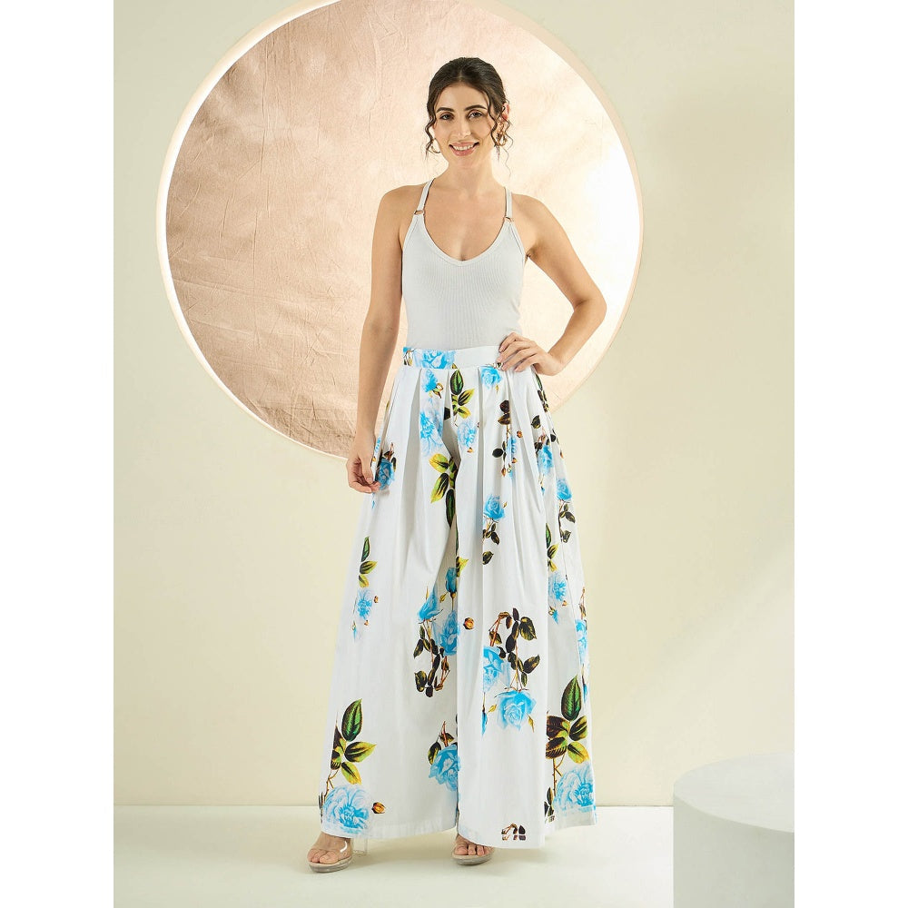 First Resort by Ramola Bachchan White And Light Blue Floral Wide Leg Palazzo
