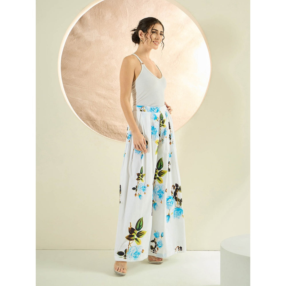 First Resort by Ramola Bachchan White And Light Blue Floral Wide Leg Palazzo
