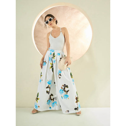 First Resort by Ramola Bachchan White And Light Blue Floral Wide Leg Palazzo