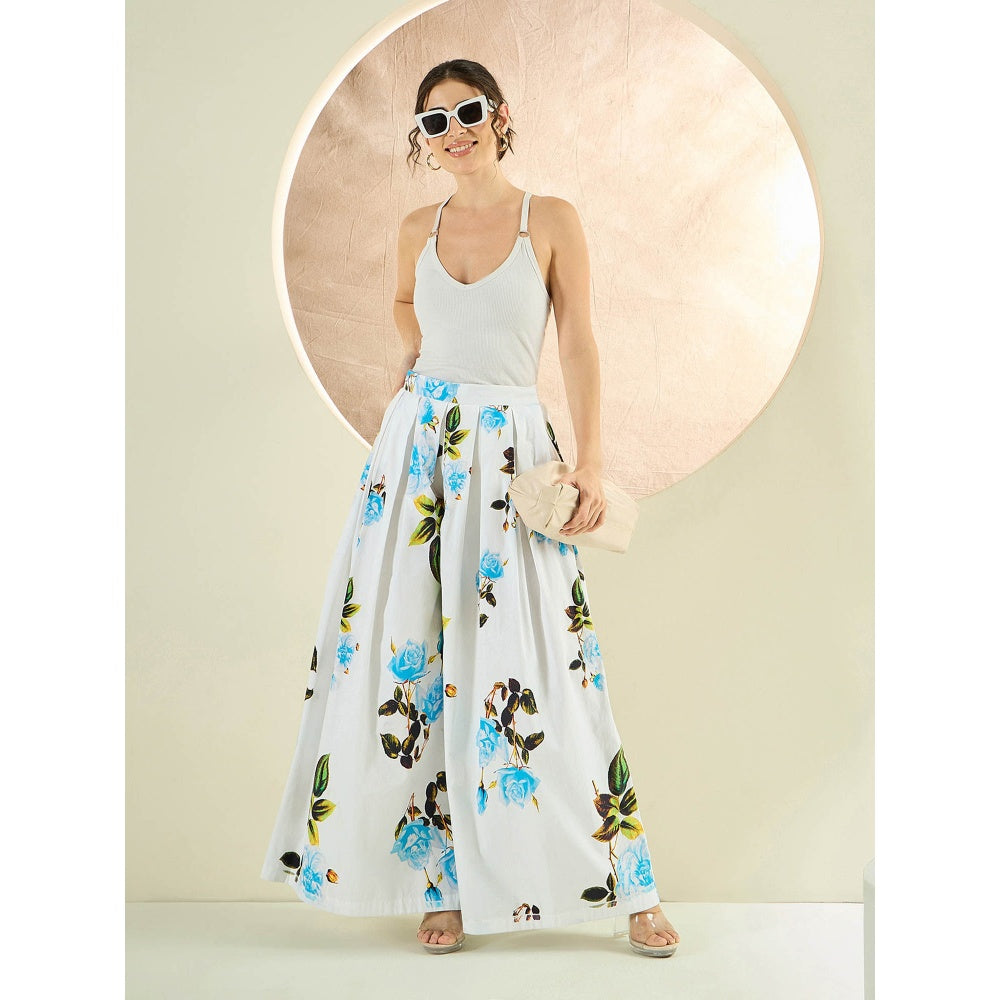 First Resort by Ramola Bachchan White And Light Blue Floral Wide Leg Palazzo