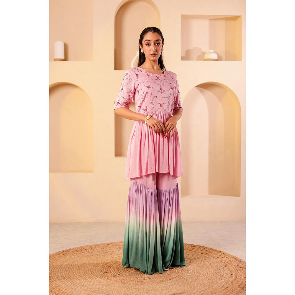 Firann By Shaheen Pink Peplum Top with Sharara and Dupatta (Set of 3)