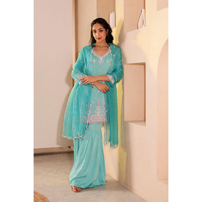 Firann By Shaheen Turquoise Short Kurta with Sharara and Dupatta (Set of 3)