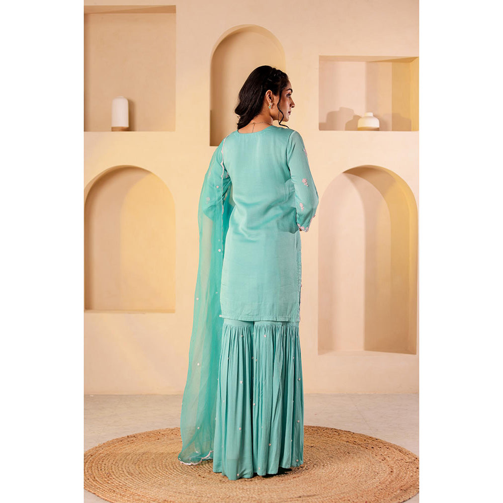Firann By Shaheen Turquoise Short Kurta with Sharara and Dupatta (Set of 3)