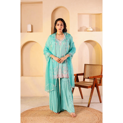 Firann By Shaheen Turquoise Short Kurta with Sharara and Dupatta (Set of 3)