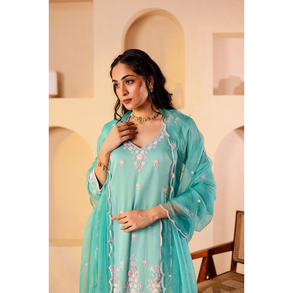 Firann By Shaheen Turquoise Short Kurta with Sharara and Dupatta (Set of 3)