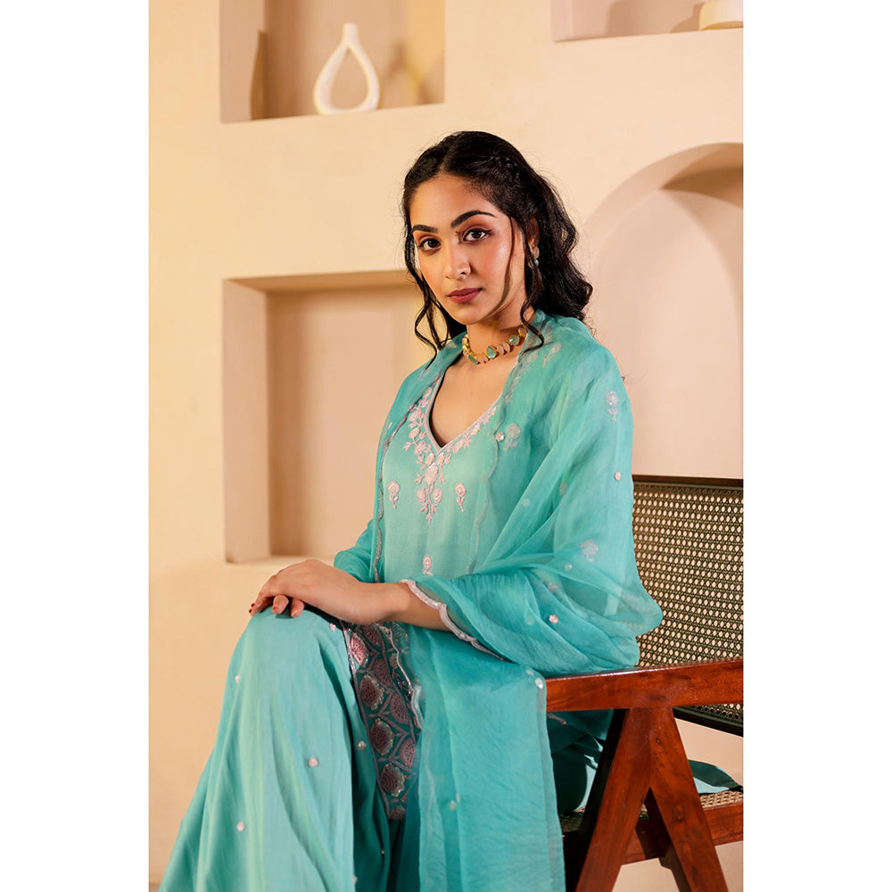 Firann By Shaheen Turquoise Short Kurta with Sharara and Dupatta (Set of 3)