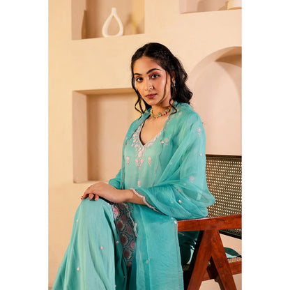 Firann By Shaheen Turquoise Short Kurta with Sharara and Dupatta (Set of 3)