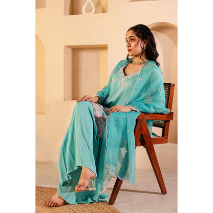 Firann By Shaheen Turquoise Short Kurta with Sharara and Dupatta (Set of 3)