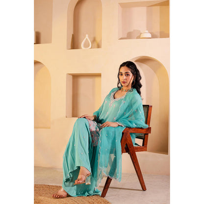 Firann By Shaheen Turquoise Short Kurta with Sharara and Dupatta (Set of 3)
