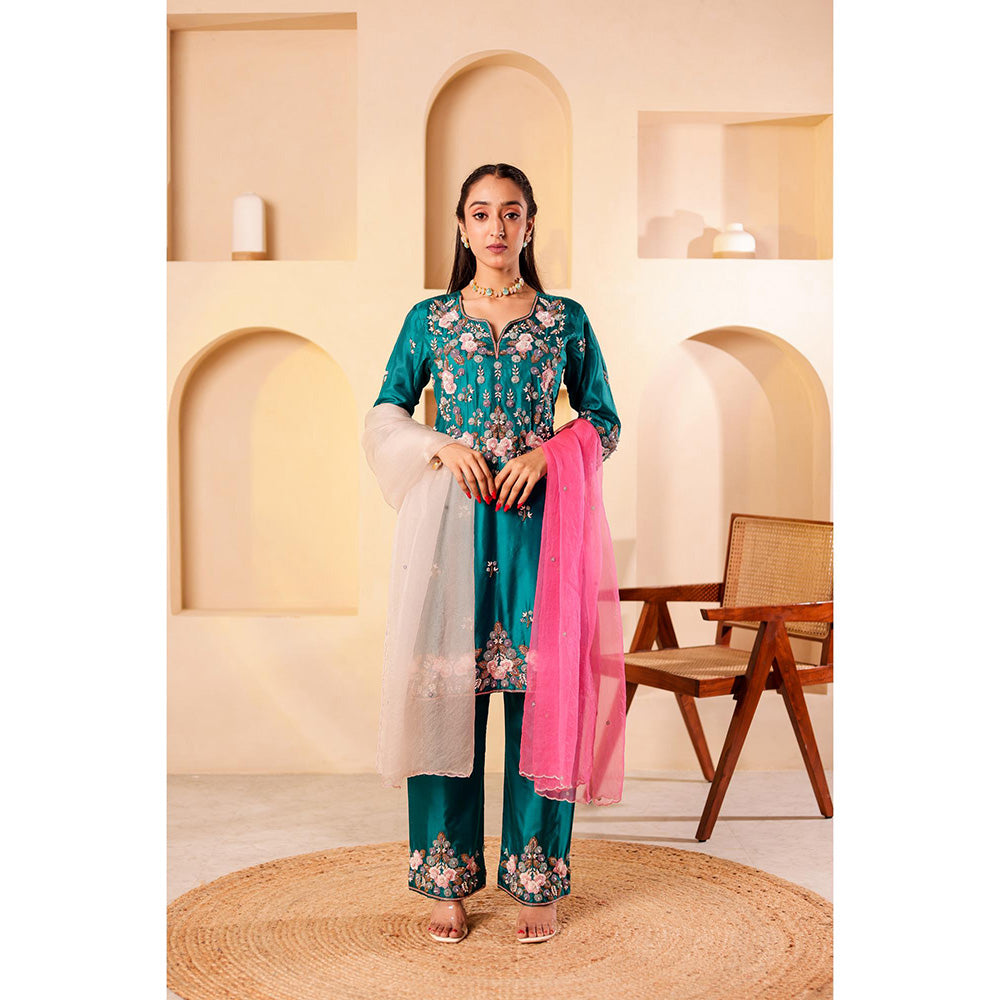 Firann By Shaheen Teal Short Kurta and Palazzo and Dupatta (Set of 3)