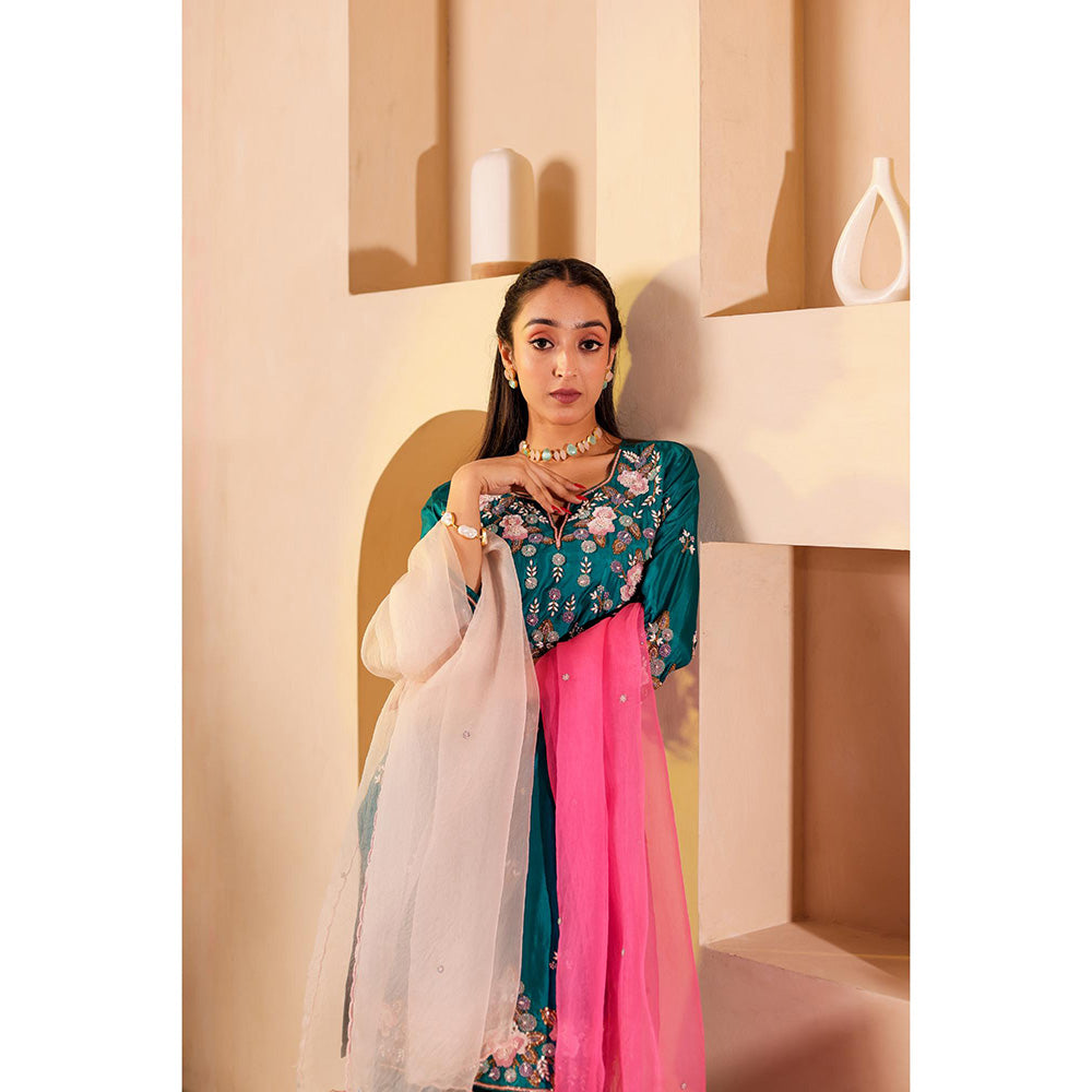 Firann By Shaheen Teal Short Kurta and Palazzo and Dupatta (Set of 3)