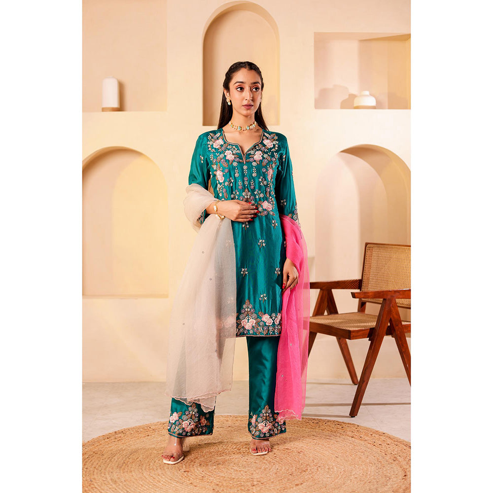 Firann By Shaheen Teal Short Kurta and Palazzo and Dupatta (Set of 3)