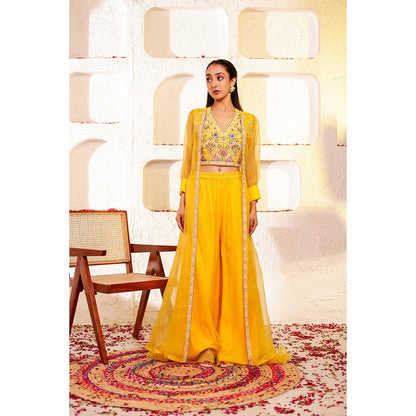 Firann By Shaheen Yellow Crop Top with Sharara and Cape (Set of 3)