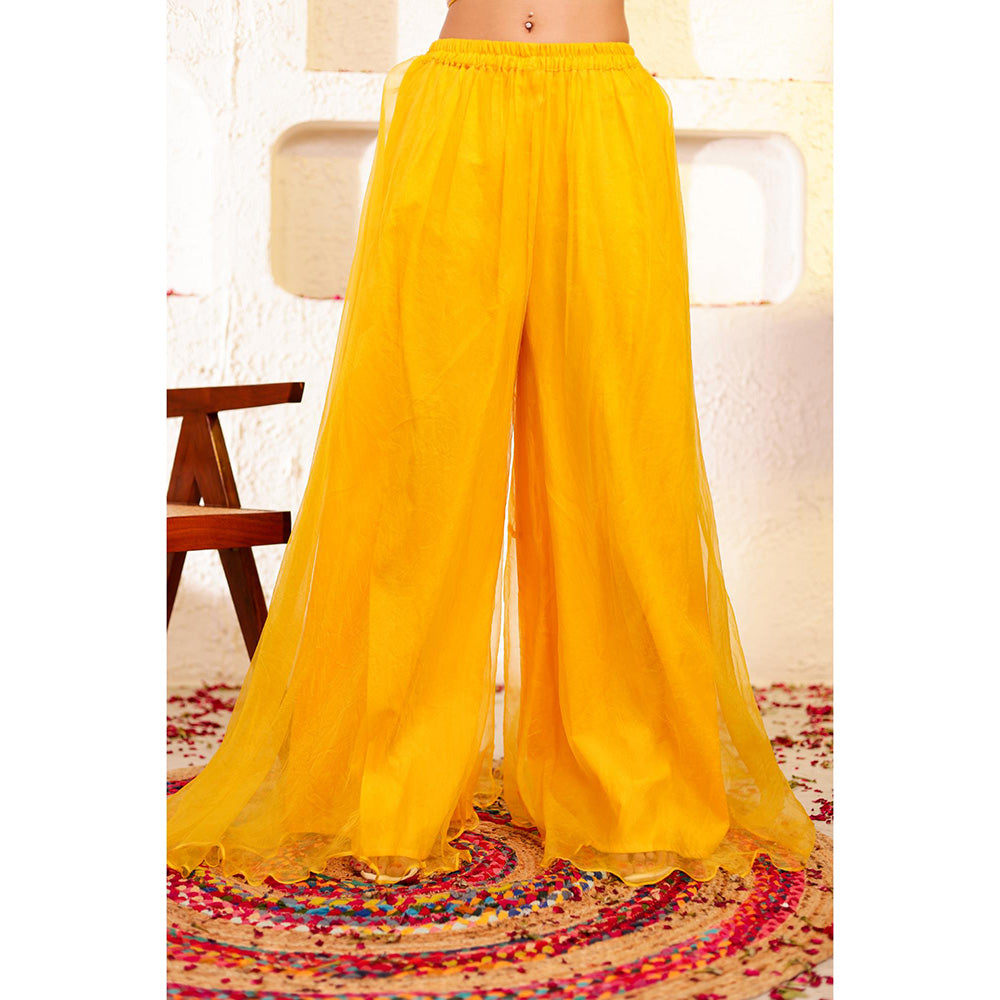 Firann By Shaheen Yellow Crop Top with Sharara and Cape (Set of 3)