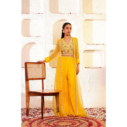 Firann By Shaheen Yellow Crop Top with Sharara and Cape (Set of 3)