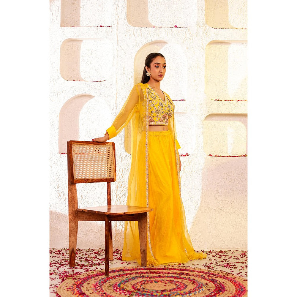 Firann By Shaheen Yellow Crop Top with Sharara and Cape (Set of 3)