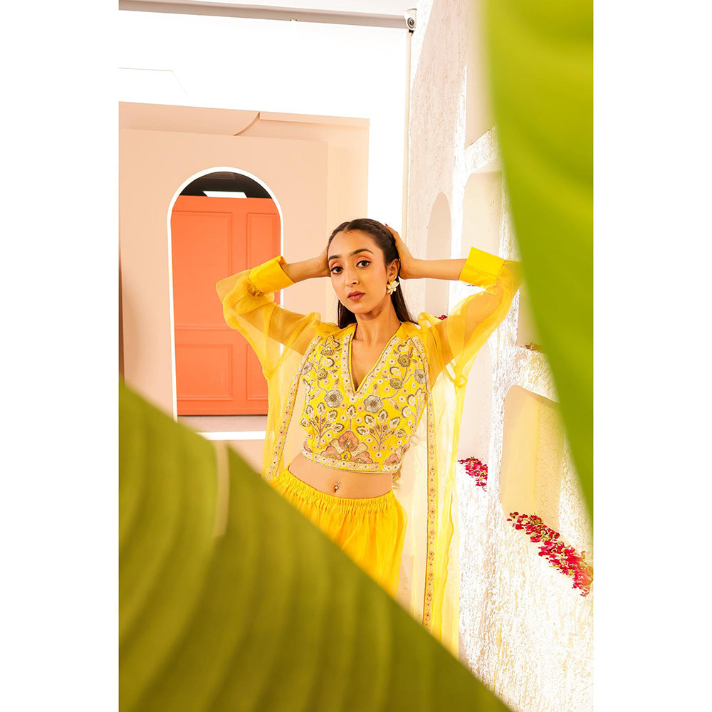 Firann By Shaheen Yellow Crop Top with Sharara and Cape (Set of 3)
