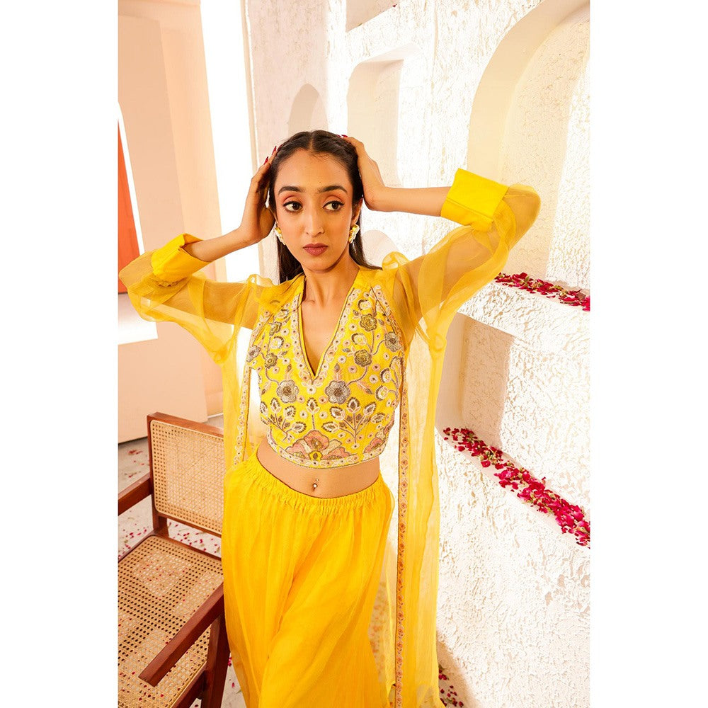 Firann By Shaheen Yellow Crop Top with Sharara and Cape (Set of 3)