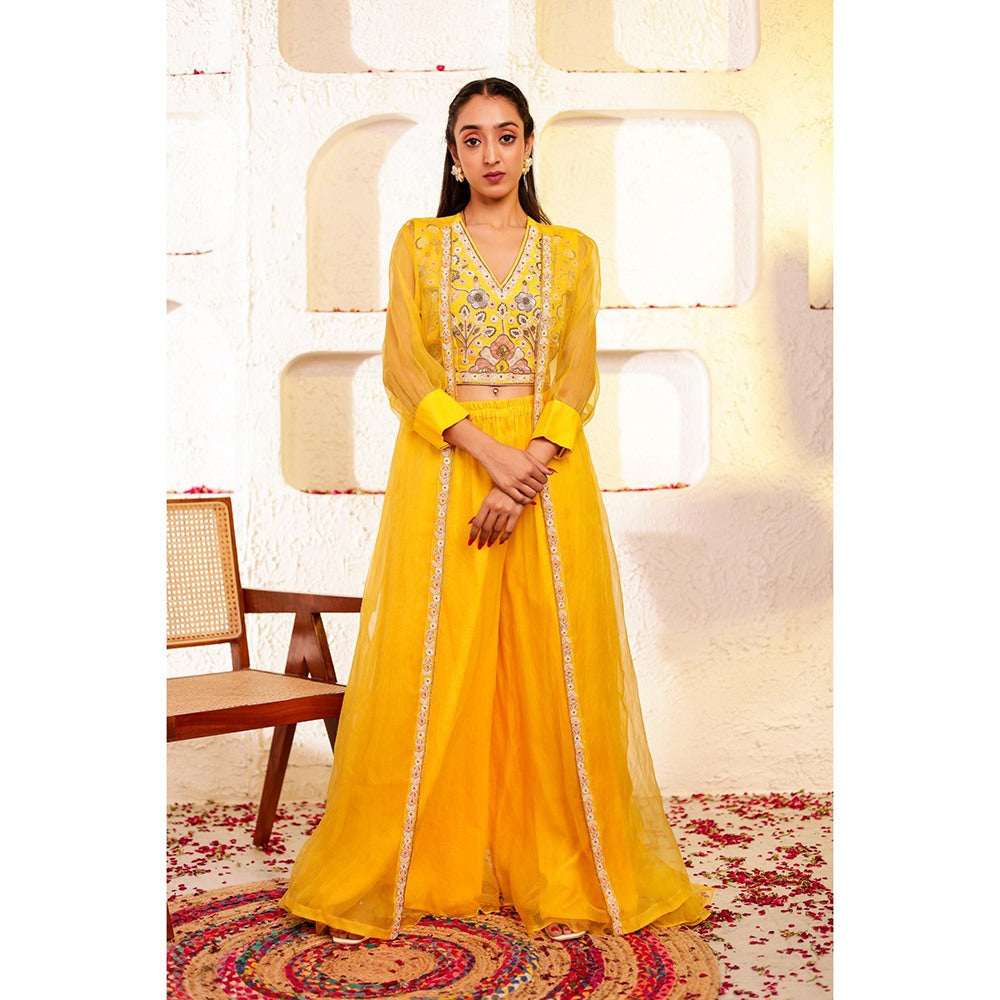 Firann By Shaheen Yellow Crop Top with Sharara and Cape (Set of 3)
