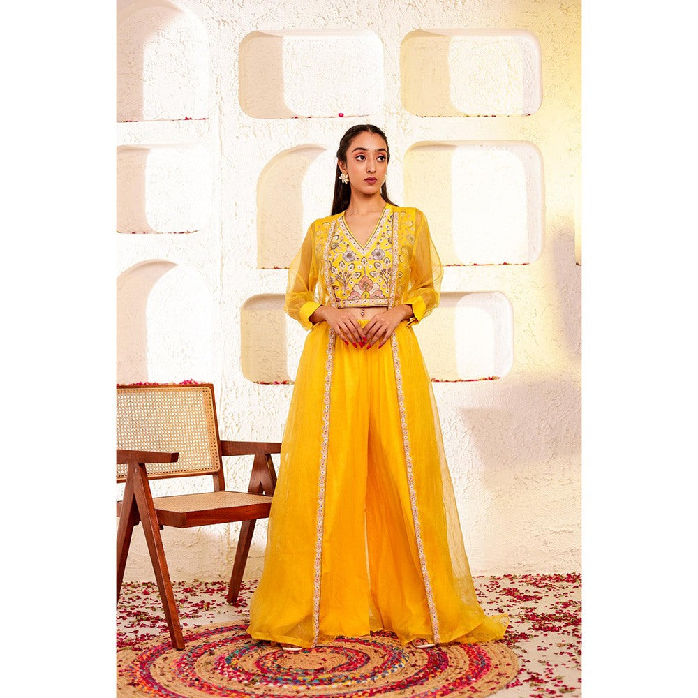 Firann By Shaheen Yellow Crop Top with Sharara and Cape (Set of 3)