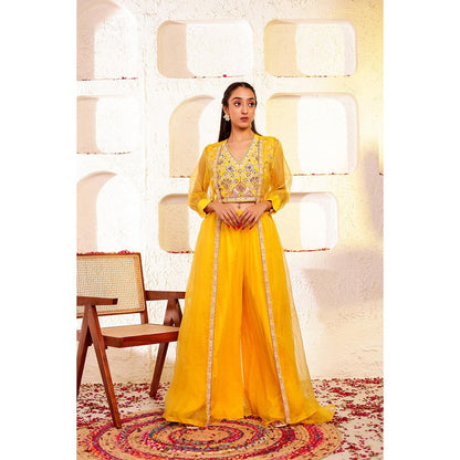 Firann By Shaheen Yellow Crop Top with Sharara and Cape (Set of 3)