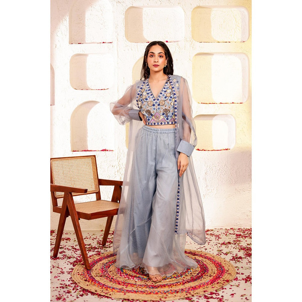 Firann By Shaheen Purple Crop Top with Sharara and Cape (Set of 3)