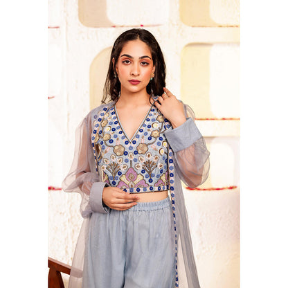 Firann By Shaheen Purple Crop Top with Sharara and Cape (Set of 3)