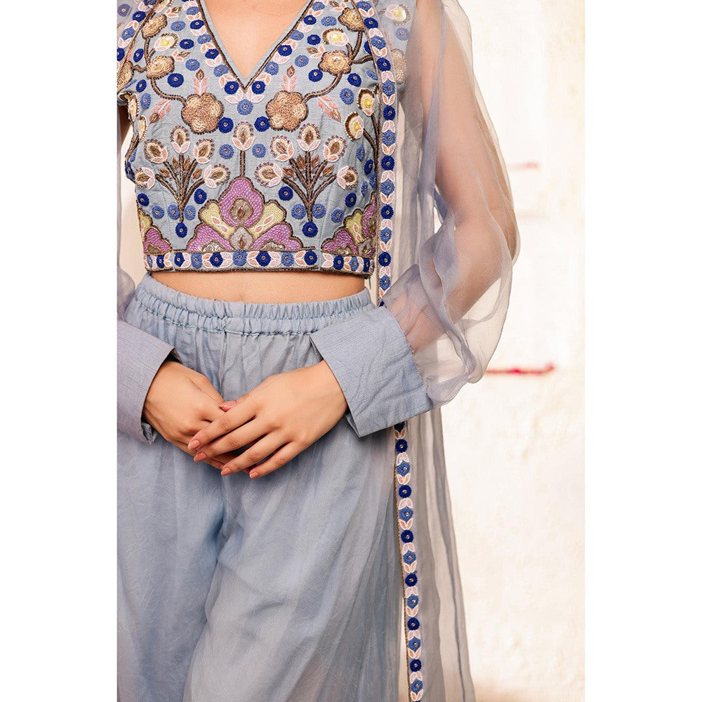 Firann By Shaheen Purple Crop Top with Sharara and Cape (Set of 3)