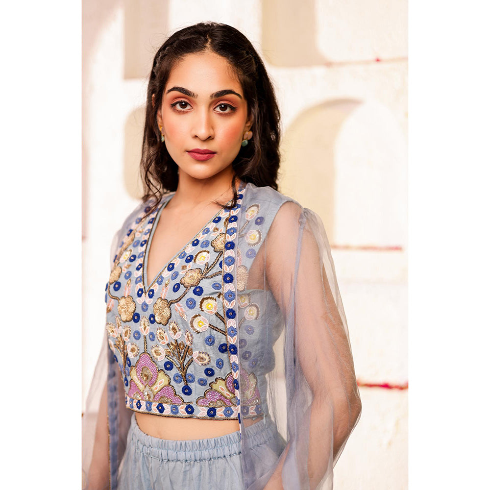 Firann By Shaheen Purple Crop Top with Sharara and Cape (Set of 3)