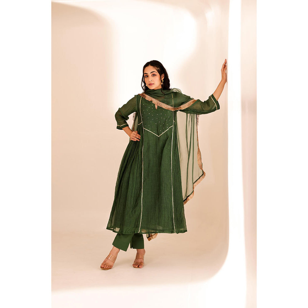 Firann By Shaheen Green Anarkali with Pant and Dupatta (Set of 3)
