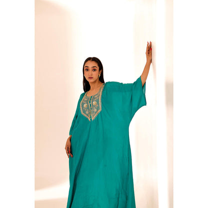 Firann By Shaheen Green Kaftan with Pant (Set of 2)