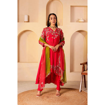 Firann By Shaheen Red Anarkali with Churidar and Dupatta (Set of 3)