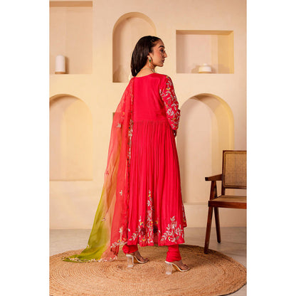 Firann By Shaheen Red Anarkali with Churidar and Dupatta (Set of 3)