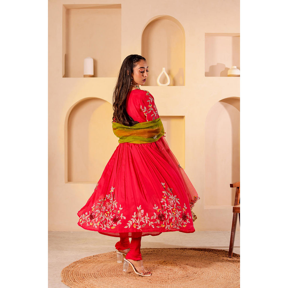 Firann By Shaheen Red Anarkali with Churidar and Dupatta (Set of 3)