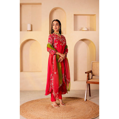 Firann By Shaheen Red Anarkali with Churidar and Dupatta (Set of 3)