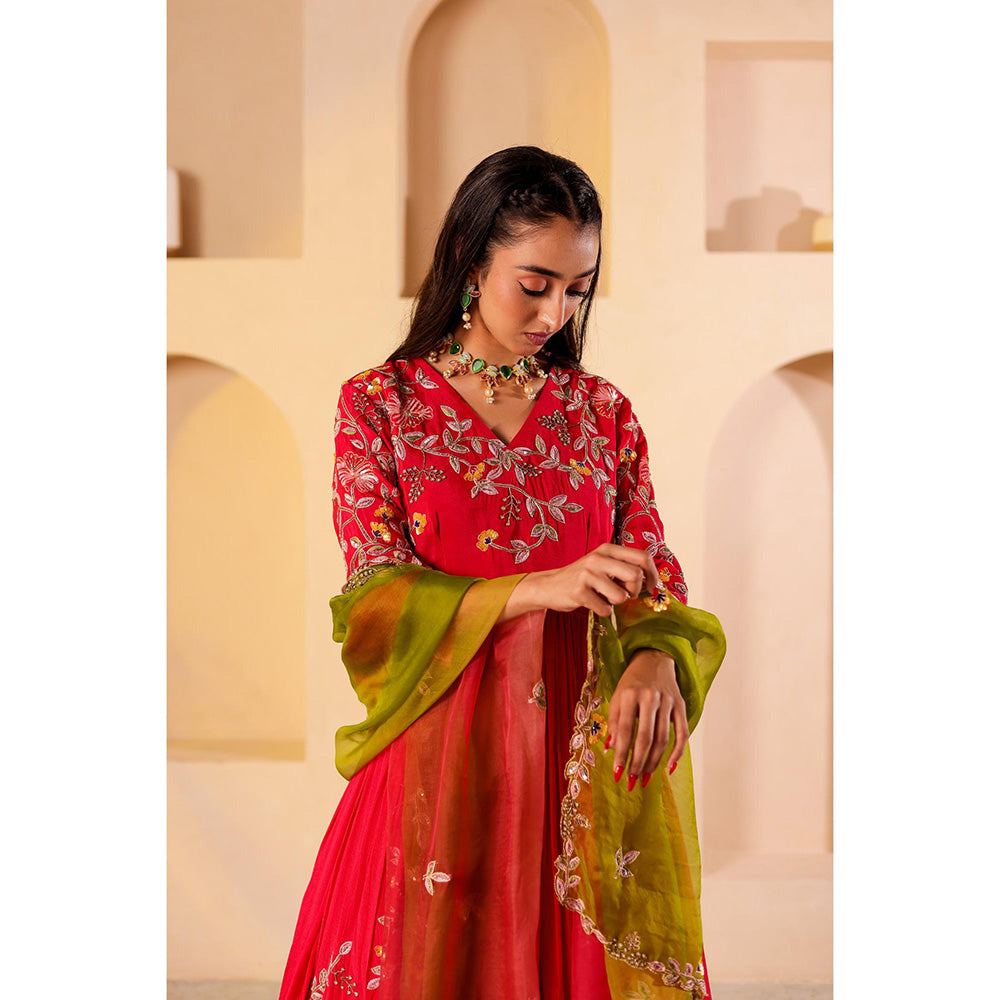 Firann By Shaheen Red Anarkali with Churidar and Dupatta (Set of 3)