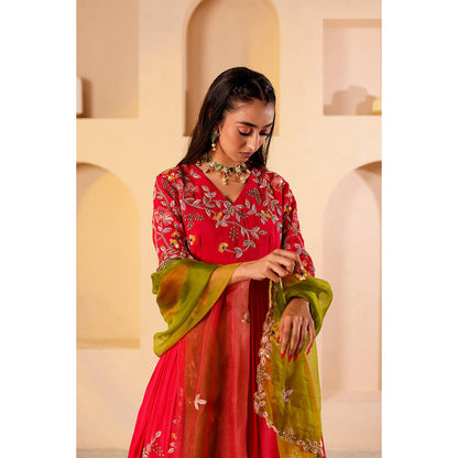 Firann By Shaheen Red Anarkali with Churidar and Dupatta (Set of 3)