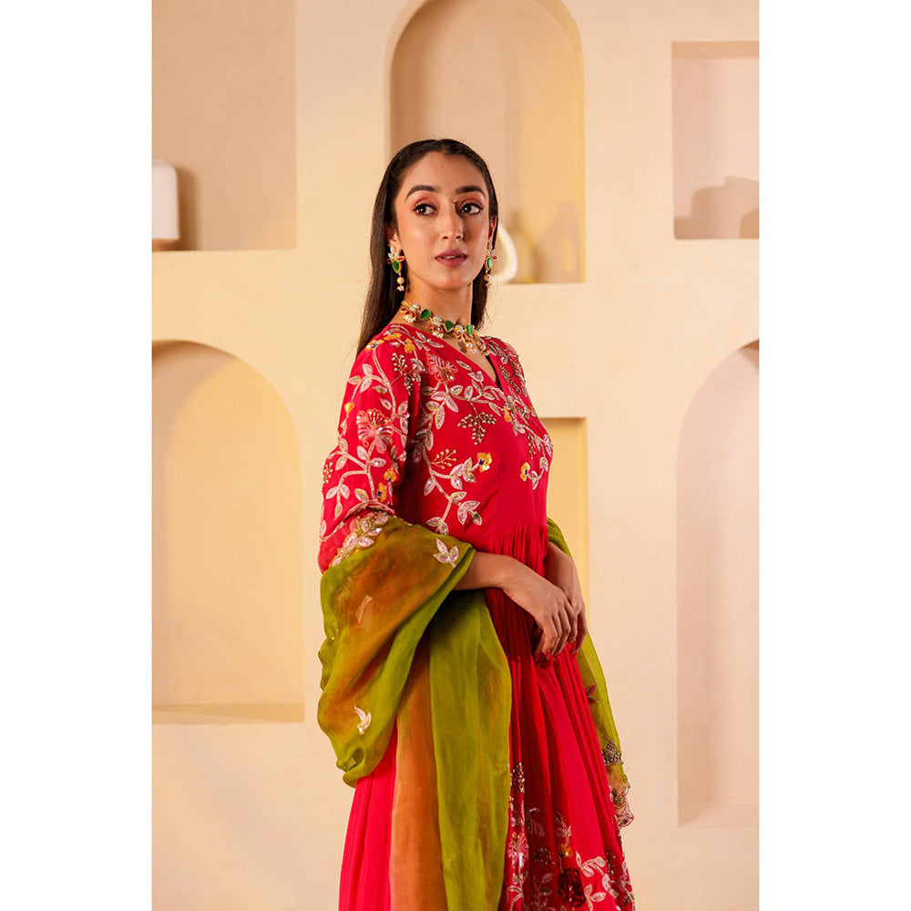 Firann By Shaheen Red Anarkali with Churidar and Dupatta (Set of 3)