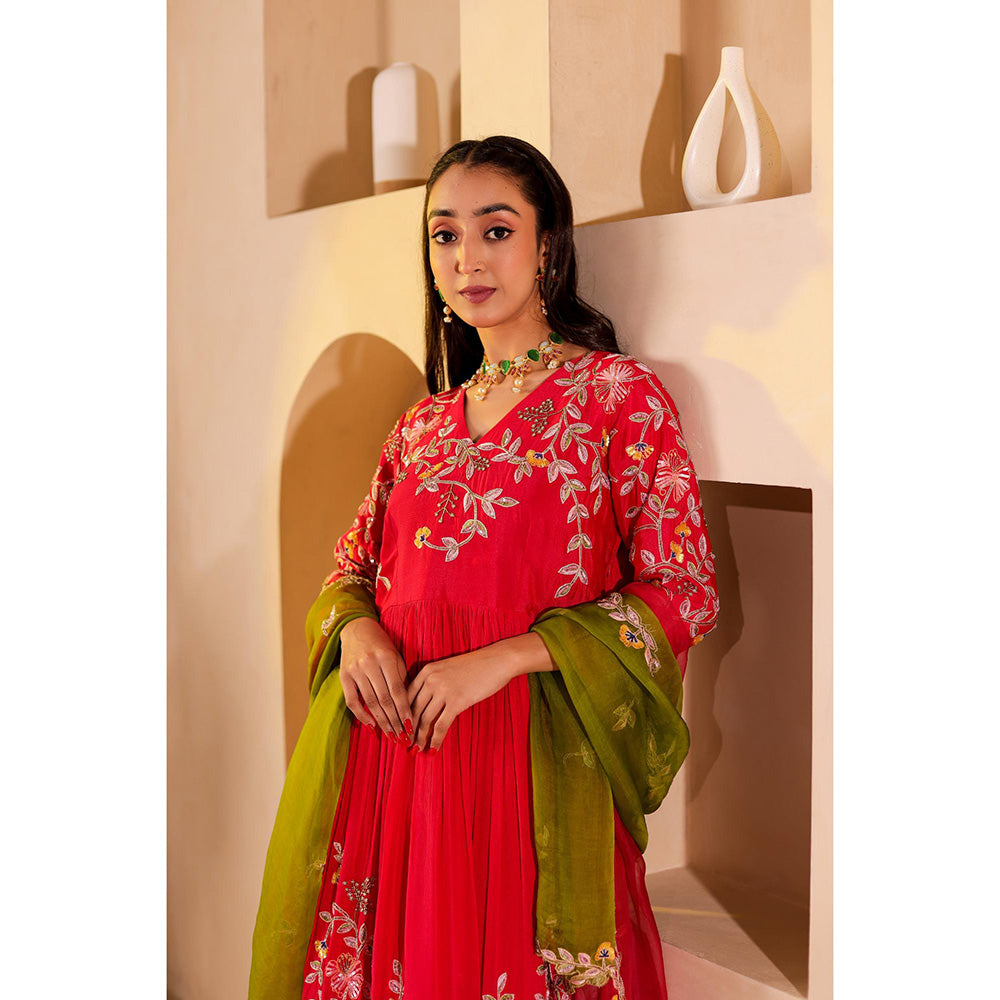 Firann By Shaheen Red Anarkali with Churidar and Dupatta (Set of 3)