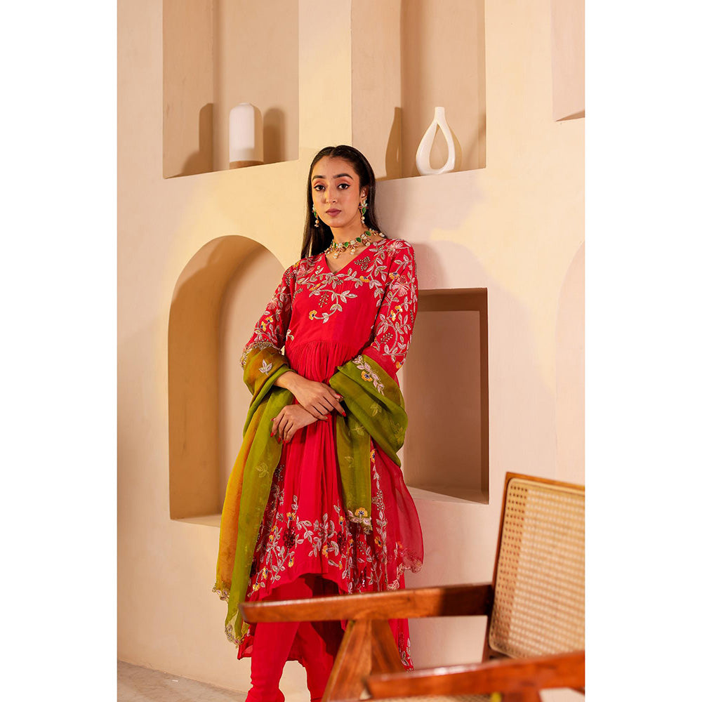 Firann By Shaheen Red Anarkali with Churidar and Dupatta (Set of 3)