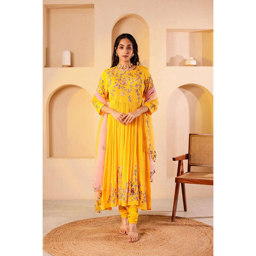 Firann By Shaheen Yellow Anarkali with Churidar and Dupatta (Set of 3)