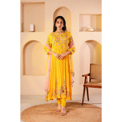 Firann By Shaheen Yellow Anarkali with Churidar and Dupatta (Set of 3)