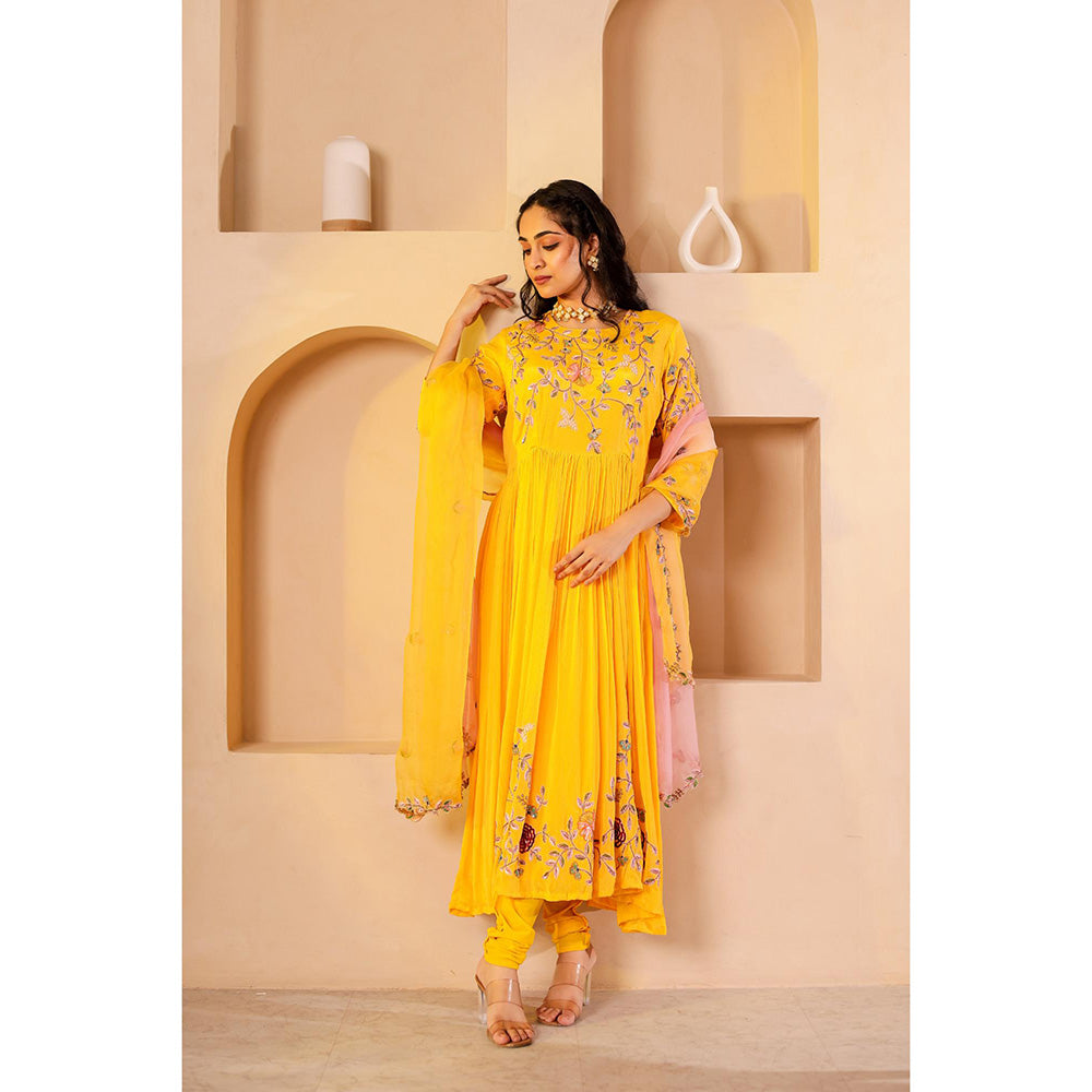 Firann By Shaheen Yellow Anarkali with Churidar and Dupatta (Set of 3)
