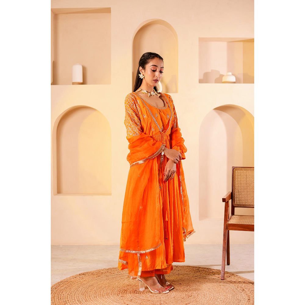 Firann By Shaheen Orange Anarkali with Palazzo and Dupatta (Set of 3)